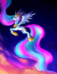 Size: 1229x1584 | Tagged: dead source, safe, artist:nyarmarr, princess celestia, alicorn, pony, g4, female, flying, mare, solo