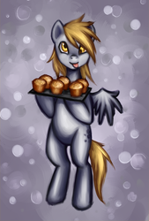 Size: 761x1123 | Tagged: dead source, safe, artist:nyarmarr, derpy hooves, pegasus, pony, g4, abstract background, bipedal, cute, derpabetes, female, holding, mare, muffin, solo, standing, standing on two hooves, standing up, that pony sure does love muffins, tongue out, tray