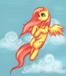 Size: 887x1024 | Tagged: dead source, safe, artist:nyarmarr, fluttershy, pegasus, pony, g4, cloud, female, flying, mare, solo