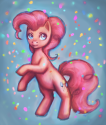 Size: 764x900 | Tagged: dead source, safe, artist:nyarmarr, pinkie pie, earth pony, pony, g4, confetti, female, mare, rearing, solo