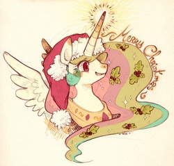 Size: 656x628 | Tagged: dead source, safe, artist:mi-eau, princess celestia, alicorn, pony, g4, bust, christmas, cute, featured image, female, glowing horn, hat, holly, horn, magic, mare, open mouth, photoshop, portrait, profile, santa hat, smiling, solo, spread wings