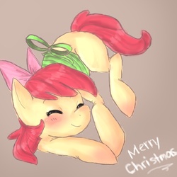 Size: 1000x1000 | Tagged: dead source, safe, artist:kryssidaunicorn, apple bloom, earth pony, pony, g4, brown background, female, filly, merry christmas, ribbon, simple background, sleeping, solo