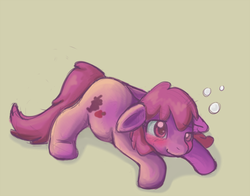 Size: 676x530 | Tagged: safe, artist:first-blush, berry punch, berryshine, earth pony, pony, g4, blushing, drunk, female, floppy ears, mare, prone, simple background, solo, tan background