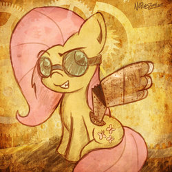 Size: 2000x2000 | Tagged: safe, artist:noponyzone, fluttershy, pony, g4, abstract background, female, goggles, high res, mare, prosthetic wing, sitting, solo, steampunk