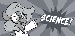 Size: 1053x500 | Tagged: safe, artist:egophiliac, princess luna, alicorn, pony, moonstuck, g4, clothes, cute, female, filly, glasses, grayscale, lab coat, monochrome, open mouth, science, science woona, she blinded me with science, smiling, solo, woona