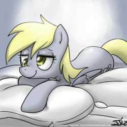 Size: 900x900 | Tagged: safe, artist:johnjoseco, derpy hooves, pegasus, pony, g4, adobe imageready, cute, derpabetes, female, mare, morning ponies, pillow, prone, solo