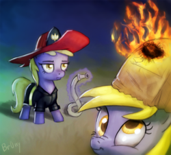 Size: 900x815 | Tagged: safe, artist:br0ny, derpy hooves, dinky hooves, pegasus, pony, unicorn, g4, costume, duo, duo female, female, filly, fire, firefighter, firefighter dinky hooves, mare, nightmare night, paper bag wizard, photoshop, unamused, you're fired