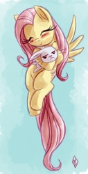 Size: 382x750 | Tagged: safe, artist:whitediamonds, angel bunny, fluttershy, pegasus, pony, g4, blue background, blushing, cute, duo, eyes closed, female, fluttermom, flying, hug, mare, picasa, spread wings, wings