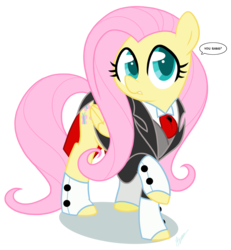 Size: 863x933 | Tagged: dead source, safe, artist:egophiliac, fluttershy, pegasus, pony, g4, butler, clothes, costume, cravat, cute, dapper, dialogue, female, frock coat, mare, raised hoof, shirt, shyabetes, simple background, solo, spats, suit, transparent background, waistcoat