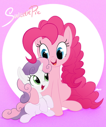 Size: 900x1074 | Tagged: dead source, safe, artist:mn27, pinkie pie, sweetie belle, earth pony, pony, unicorn, g4, abstract background, cute, diapinkes, diasweetes, duo, duo female, female, filly, friendshipping, mare, sitting