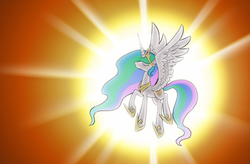 Size: 1622x1064 | Tagged: safe, artist:enma-darei, princess celestia, alicorn, pony, g4, backlighting, eyes closed, female, flying, mare, solo, sun