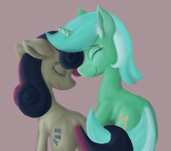 Size: 697x615 | Tagged: safe, artist:enma-darei, bon bon, lyra heartstrings, sweetie drops, earth pony, pony, unicorn, g4, brown background, duo, eyes closed, female, lesbian, mare, ship:lyrabon, shipping, simple background