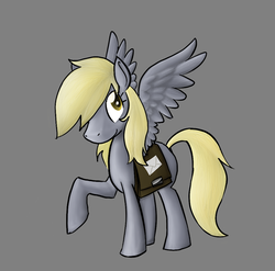 Size: 798x787 | Tagged: safe, artist:enma-darei, derpy hooves, pegasus, pony, g4, female, gray background, mailmare, mare, raised hoof, simple background, solo