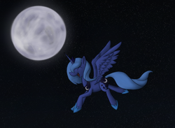 Size: 1221x893 | Tagged: safe, artist:enma-darei, princess luna, alicorn, pony, g4, eyes closed, female, flying, happy, mare, moon, open mouth, open smile, s1 luna, smiling, solo, stars