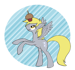 Size: 847x789 | Tagged: safe, artist:enma-darei, derpy hooves, pegasus, pony, g4, abstract background, balancing, candle, female, mare, muffin, rearing, solo