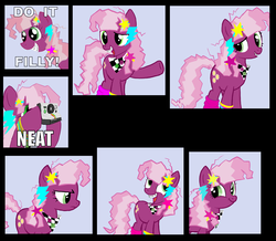 Size: 1516x1321 | Tagged: dead source, safe, artist:enma-darei, cheerilee, earth pony, pony, g4, 80s, 80s cheerilee, braces, caption, female, image macro, mare, reaction image, solo, text, twiface