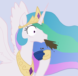 Size: 674x658 | Tagged: safe, artist:enma-darei, princess celestia, alicorn, pony, g4, blue background, coffee, cup, female, mare, reaction image, simple background, solo, spit take