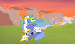 Size: 1134x669 | Tagged: safe, artist:enma-darei, princess celestia, princess luna, alicorn, pony, g4, female, mare, nuzzling, prone, royal sisters, s1 luna, siblings, sisters