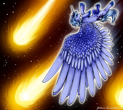 Size: 900x810 | Tagged: safe, artist:flikkun, princess luna, alicorn, pony, g4, comet, crown, eyes closed, female, hoof shoes, jewelry, large wings, mare, meteor, peytral, regalia, s1 luna, solo, space, stars, tiara