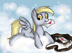 Size: 600x441 | Tagged: safe, artist:lovelyartdump, derpy hooves, pegasus, pony, g4, bag, cloud, female, hooves, letter, lying on a cloud, mail, mailmare, mare, mouth hold, on a cloud, photoshop elements, prone, solo, spread wings, wings