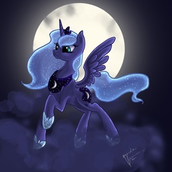 Size: 1000x1000 | Tagged: safe, artist:lovelyartdump, princess luna, alicorn, pony, g4, cloud, female, flying, mare, moon, photoshop elements, solo