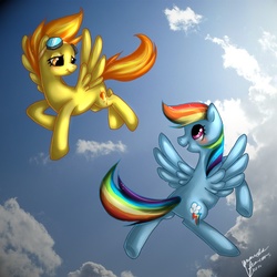 Size: 1008x1008 | Tagged: safe, artist:lovelyartdump, rainbow dash, spitfire, pegasus, pony, g4, blushing, female, flying, goggles, lesbian, mare, photoshop elements, ship:spitdash, shipping, wings