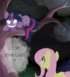 Size: 720x800 | Tagged: safe, artist:mangaka-girl, fluttershy, twilight sparkle, pegasus, pony, unicorn, g4, alice in wonderland, cheshire cat, cheshire cat grin, crossover, duo, female, floppy ears, insanity, mare, one ear down, sitting in a tree, tree, twilight cat, twilight snapple, unicorn twilight