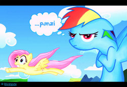Size: 800x550 | Tagged: dead source, safe, artist:ootoonami, fluttershy, rainbow dash, pegasus, pony, g4, blue text, female, flying, mare
