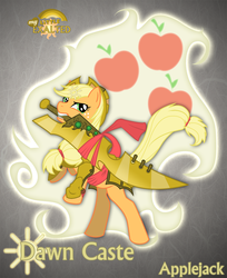 Size: 1044x1280 | Tagged: safe, artist:rhanite, applejack, earth pony, pony, g4, abstract background, anima banner, armor, crossover, exalted, female, gray background, mare, mouth hold, photoshop, simple background, solar exalted, solo, sword, weapon