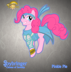 Size: 1255x1280 | Tagged: safe, artist:rhanite, pinkie pie, earth pony, pony, g4, abstract background, chosen of serenity, clothes, crossover, exalted, female, gray background, mare, photoshop, sidereal exalted, simple background, solo