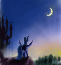 Size: 800x850 | Tagged: safe, artist:grayma1k, princess luna, alicorn, pony, castle, crescent moon, female, get, index get, mare, moon, needs more blur, rear view, repdigit milestone, s1 luna, solo, spread wings, sunset