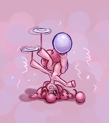 Size: 1721x1947 | Tagged: safe, artist:maxtaka, pinkie pie, earth pony, pony, g4, balancing, female, headstand, mare, plate spinning, solo, upside down