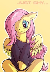 Size: 2370x3386 | Tagged: dead source, safe, artist:lonelycross, fluttershy, pegasus, pony, g4, blushing, bottomless, bra strap, clothes, covering, female, high res, mare, off shoulder, partial nudity, photoshop elements, simple background, sitting, solo, stupid sexy fluttershy, sweater, sweatershy, yellow background
