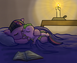 Size: 700x573 | Tagged: safe, artist:whiteeyedcat, spike, twilight sparkle, dragon, pony, unicorn, g4, baby, baby dragon, baby spike, bed, book, candle, cuddling, cute, female, filly, filly twilight sparkle, floppy ears, foal, gimp, lying down, male, mama twilight, on side, sleeping, spikabetes, spikelove, twiabetes, unicorn twilight, wingless spike, younger