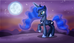 Size: 1000x580 | Tagged: safe, artist:whiteeyedcat, princess luna, alicorn, pony, g4, clothes, ethereal mane, female, folded wings, grin, happy, jewelry, magic, mare, moon, outdoors, peytral, raised hoof, shoes, smiling, solo, starry mane, starry tail, stars, tail, tiara, wings