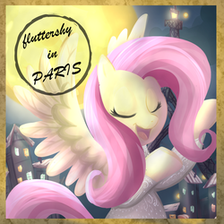 Size: 1000x1000 | Tagged: safe, artist:madmax, fluttershy, pegasus, pony, g4, a monster in paris, clothes, crossover, dress, eyes closed, female, mare, open mouth, paris, parody, singing, solo, spread wings, white dress