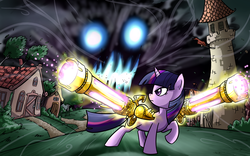 Size: 1920x1200 | Tagged: safe, artist:madmax, twilight sparkle, pony, unicorn, g4, cannon, darkness, female, looking back, magic, mare, raised hoof, solo, storm, tower, unicorn twilight, wallpaper, weapon, wind