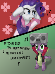 Size: 600x800 | Tagged: safe, artist:sgolem, rarity, spike, dragon, pony, unicorn, g4, annoyed, boombox, boombox serenade, clothes, covering ears, crossover, dragon x pony, female, hilarious in hindsight, in your eyes, jacket, male, mare, movie reference, parody, peter gabriel, photoshop, say anything, ship:sparity, shipping, song reference, straight