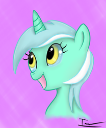 Size: 1638x1971 | Tagged: dead source, safe, artist:ivan-chan, lyra heartstrings, pony, unicorn, g4, bust, female, happy, mare, open mouth, open smile, portrait, purple background, signature, simple background, smiling, solo