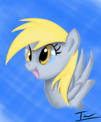 Size: 1638x1971 | Tagged: dead source, safe, artist:ivan-chan, derpy hooves, pegasus, pony, g4, abstract background, bust, cute, female, happy, mare, open mouth, simple background, smiling, solo