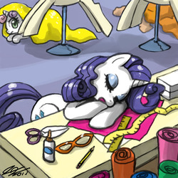 Size: 900x900 | Tagged: safe, artist:johnjoseco, rarity, sweetie belle, pony, unicorn, g4, carousel boutique, female, filly, mare, photoshop, sleeping