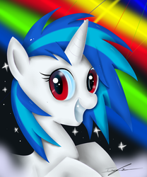 Size: 1638x1971 | Tagged: dead source, safe, artist:ivan-chan, dj pon-3, vinyl scratch, pony, unicorn, g4, alternate eye color, bust, female, grin, happy, mare, portrait, profile, rainbow, red eyes, smiling, solo, wrong eye color