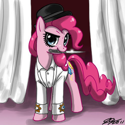 Size: 900x900 | Tagged: safe, artist:johnjoseco, pinkie pie, earth pony, pony, g4, a clockwork orange, clothes, coat, crossover, curtains, female, hat, knife, looking at you, mare, mouth hold, photoshop, solo, stage, stand