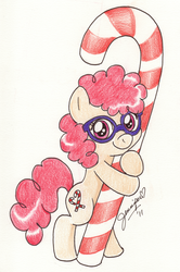 Size: 900x1355 | Tagged: dead source, safe, artist:chibi-jen-hen, twist, earth pony, pony, g4, bipedal, candy cane, cute, female, filly, glasses, looking at you, solo, traditional art