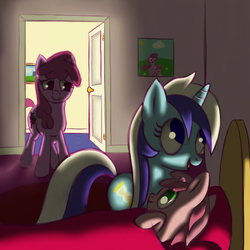 Size: 2000x2000 | Tagged: safe, artist:goldenmercurydragon, berry punch, berryshine, minuette, ruby pinch, earth pony, pony, unicorn, g4, bed, berrygatepinch family, blanket, door, door opening, family, female, filly, high res, lesbian, mare, pink blanket, ship:berrygate, shipping, smiling, story in the source