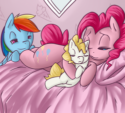 Size: 1000x900 | Tagged: safe, artist:florecentmoo, pinkie pie, rainbow dash, surprise, earth pony, pegasus, pony, g1, g4, adoraprise, bed, cute, dashabetes, diapinkes, eyes closed, family, female, filly, filly surprise, foal, g1 to g4, generation leap, lesbian, magical lesbian spawn, mare, offspring, parent:pinkie pie, parent:rainbow dash, parents:pinkiedash, ship:pinkiedash, ship:pinkieprise, shipping