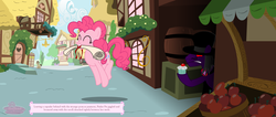 Size: 2356x1000 | Tagged: safe, artist:flamingo1986, doctor whooves, pinkie pie, time turner, earth pony, pony, g4, count maleficio, cupcake, female, food, hat, male, mare, mouth hold, scroll, stallion, the ballad of mecha pinkie pie, top hat