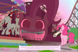 Size: 1500x1000 | Tagged: safe, artist:flamingo1986, pinkie pie, earth pony, pony, g4, amusement park, carousel, female, mare, mouth hold, party research facility, scroll, solo, the ballad of mecha pinkie pie