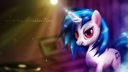Size: 1920x1080 | Tagged: safe, artist:br0ny, dj pon-3, vinyl scratch, pony, unicorn, g4, disc jockey, female, looking at you, mare, music, photoshop, red eyes, solo, wallpaper, wrong eye color