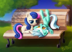 Size: 1000x724 | Tagged: safe, artist:br0ny, bon bon, lyra heartstrings, sweetie drops, earth pony, pony, unicorn, g4, adorabon, bench, cute, eye contact, female, filly, foal, foal romance, lesbian, lyrabetes, photoshop, prone, ship:lyrabon, shipping, smiling, toy ship, upside down, younger
